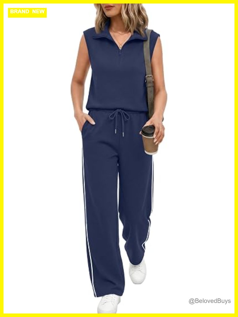 Two Piece Lounge Set - Half Zip Sleeveless Tank & Wide Leg Striped Pants